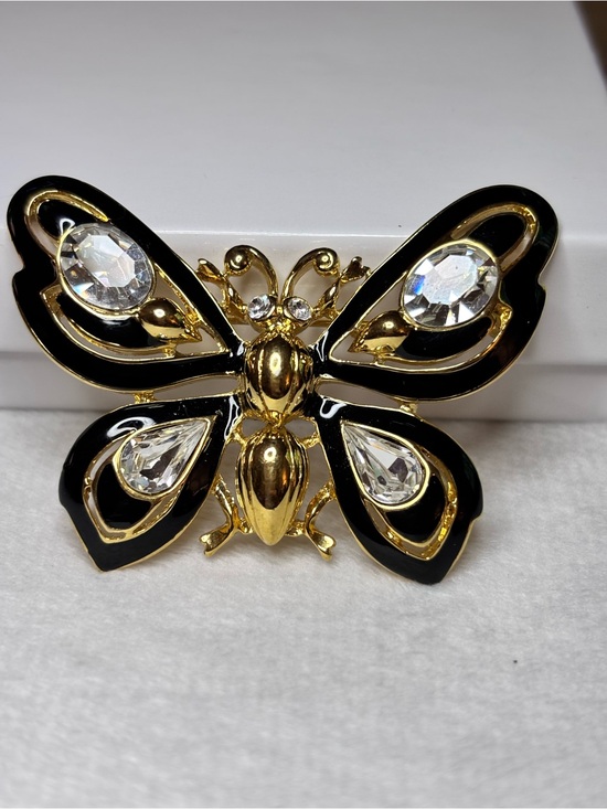 Trifari Jewelry - Vintage Signed TRIFARI Black Enamel Rhinestone Butterfly Brooch Gold Tone